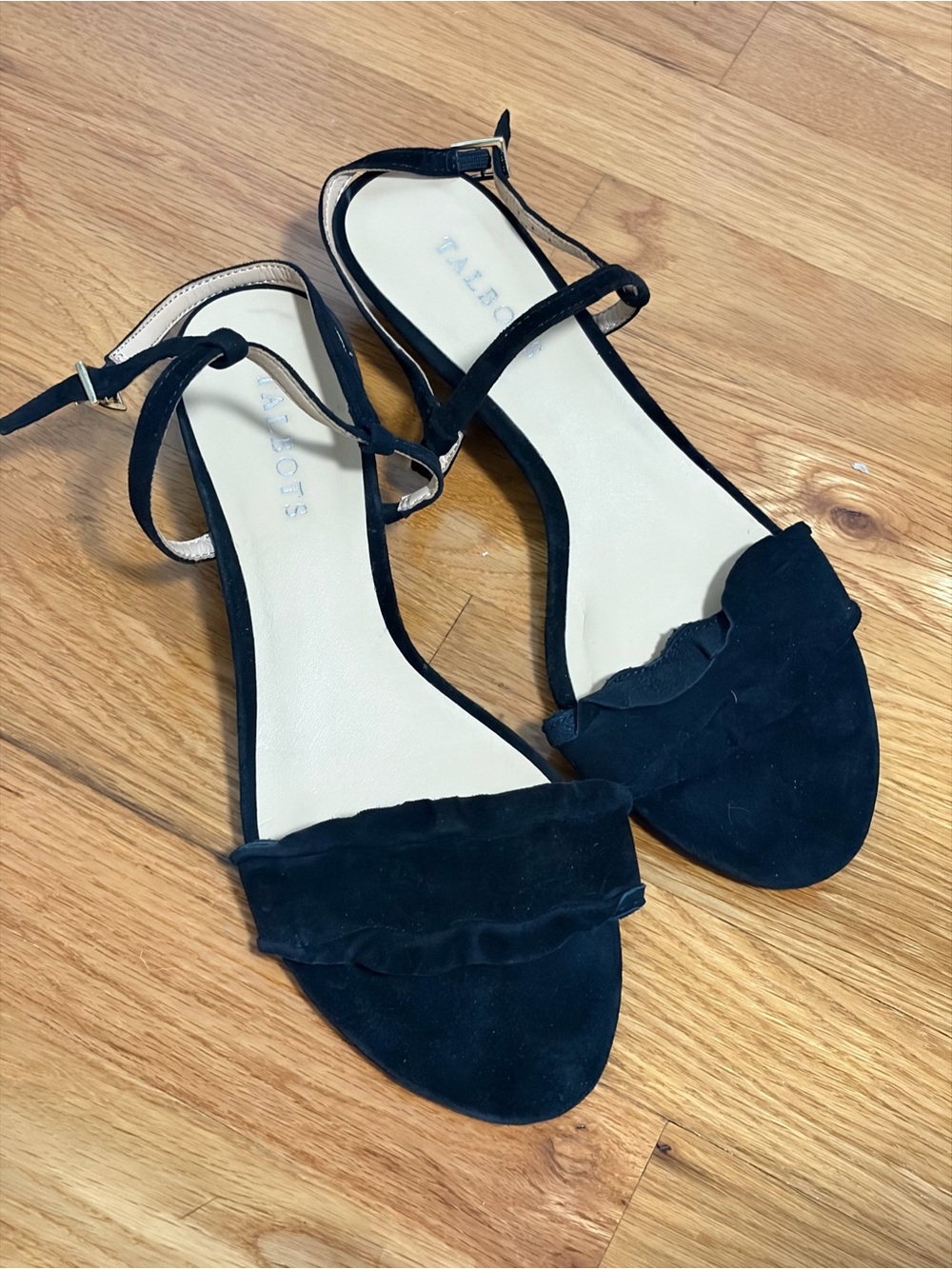 Talbot's Black Suede Wedge Heel Size 8.5 Ankle Strap Ruffle Open Toe Low Heel